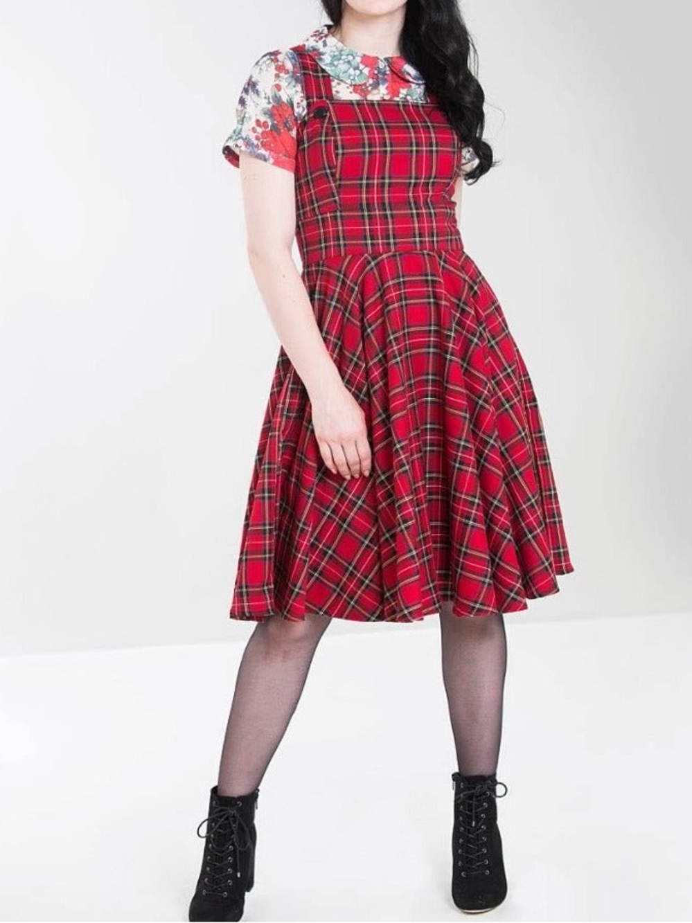 Hell Bunny Irvine Pinafore Dress Medium Tartan Plaid Red Pockets